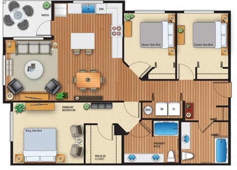 A floor plan of a house with two bedrooms, a living room, a kitchen, and a bathroom.